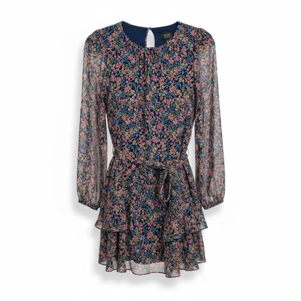MSK Petite Floral Tiered Mini Dress Sheer Sleeves Navy Multicolor PL